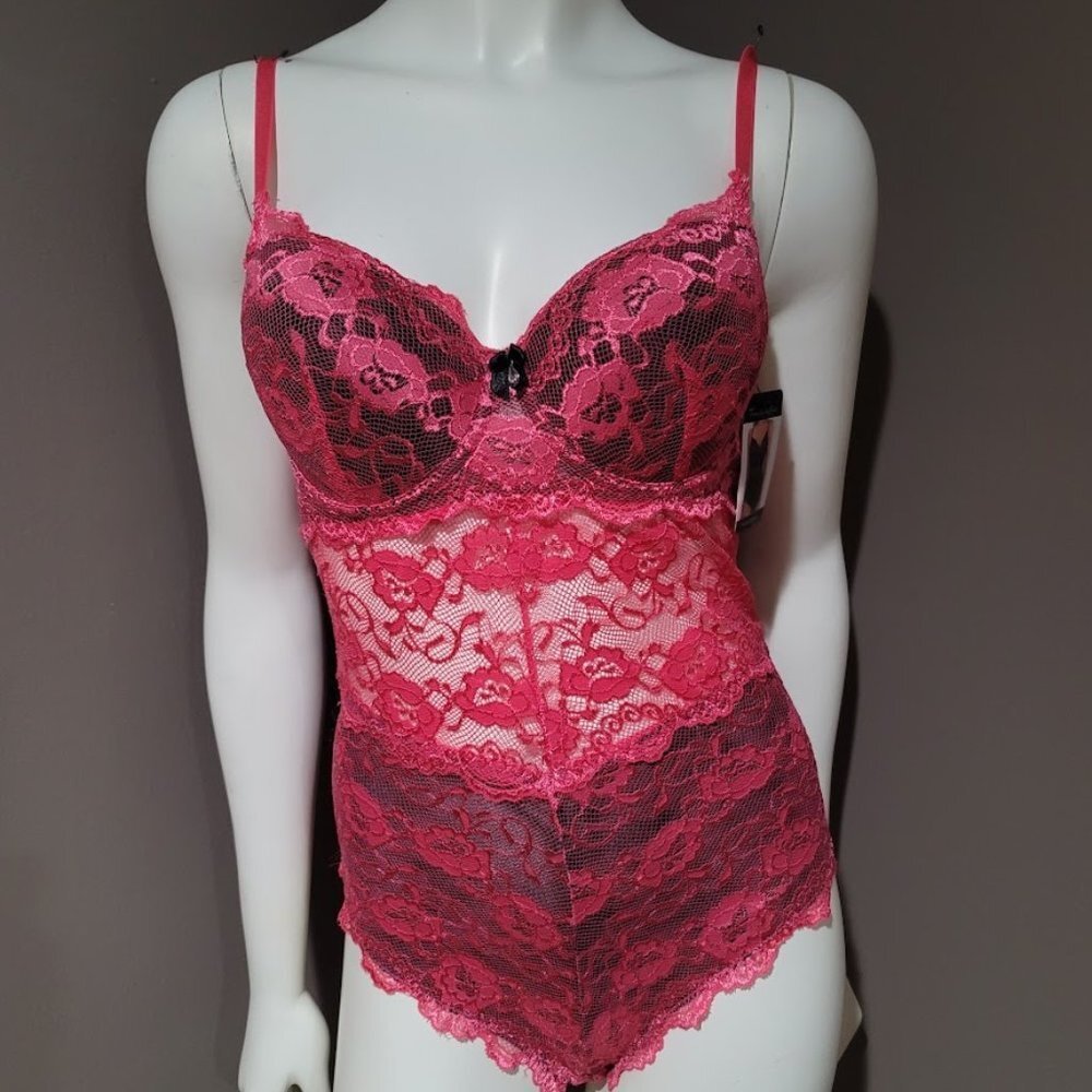 French Affair Floral Pink Lace Push-up Bodysuit Lingerie  Sz Large